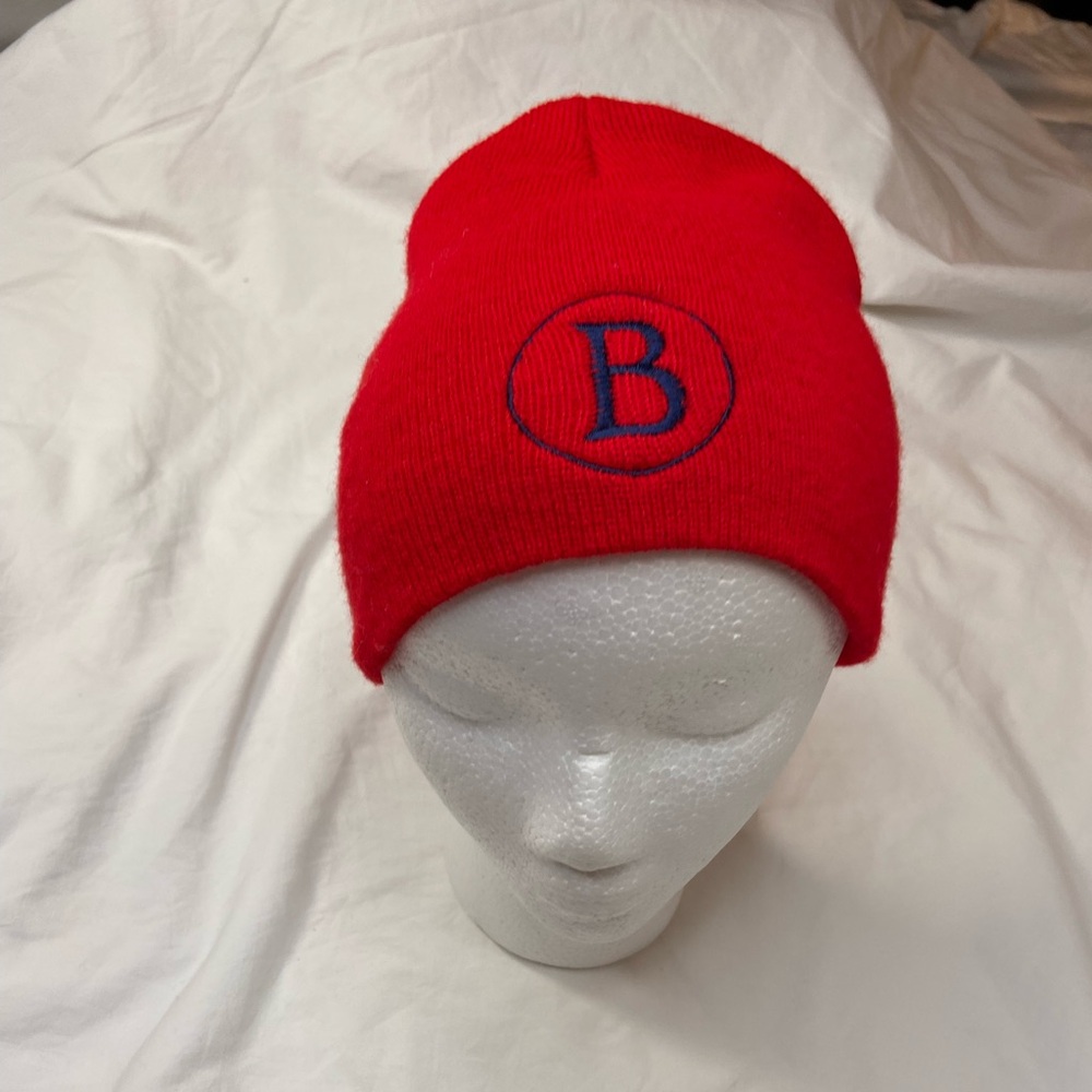 Red Knit Beanie with Blue 'B' Embroidery